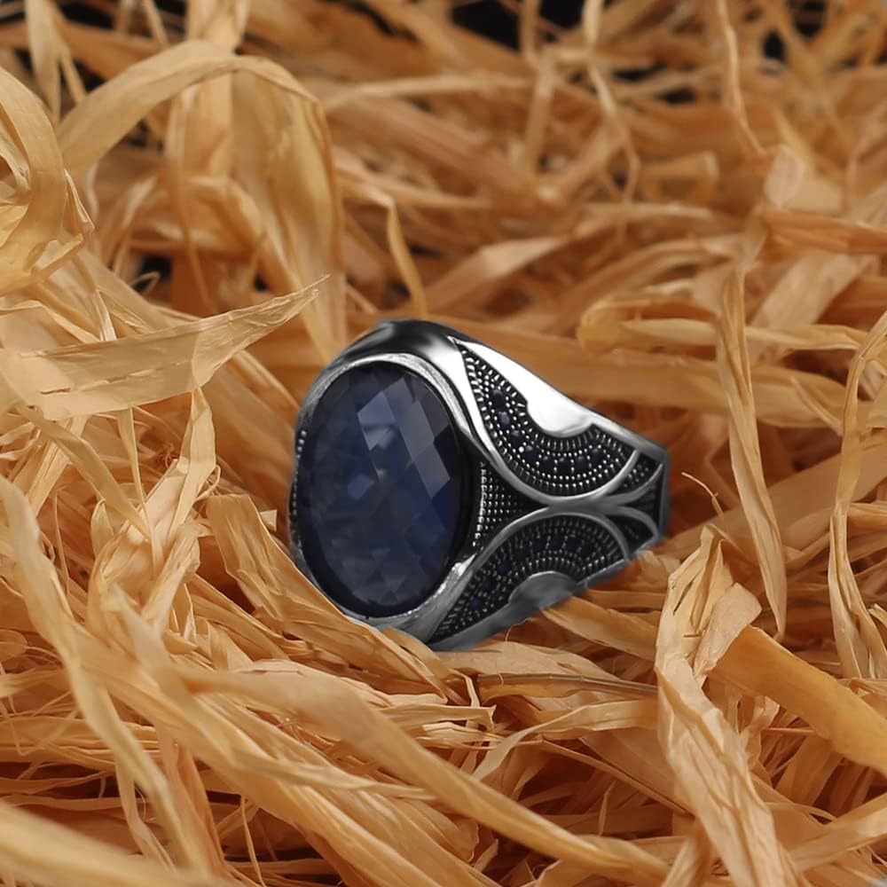 925 Sterling Silver Men Silver Ring with Sapphire GemStone, Handmade Engraved Silver Ring, Gift for him, Minimalist Silver Ring (10)