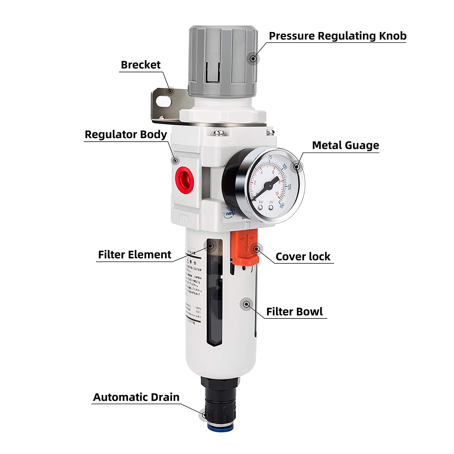 NANPU Regulador de filtro de aire comprimido NPT de 12 pulgada combinado a cuestas, drenaje automático, elemento de latón de 5 micrones, cuenco de