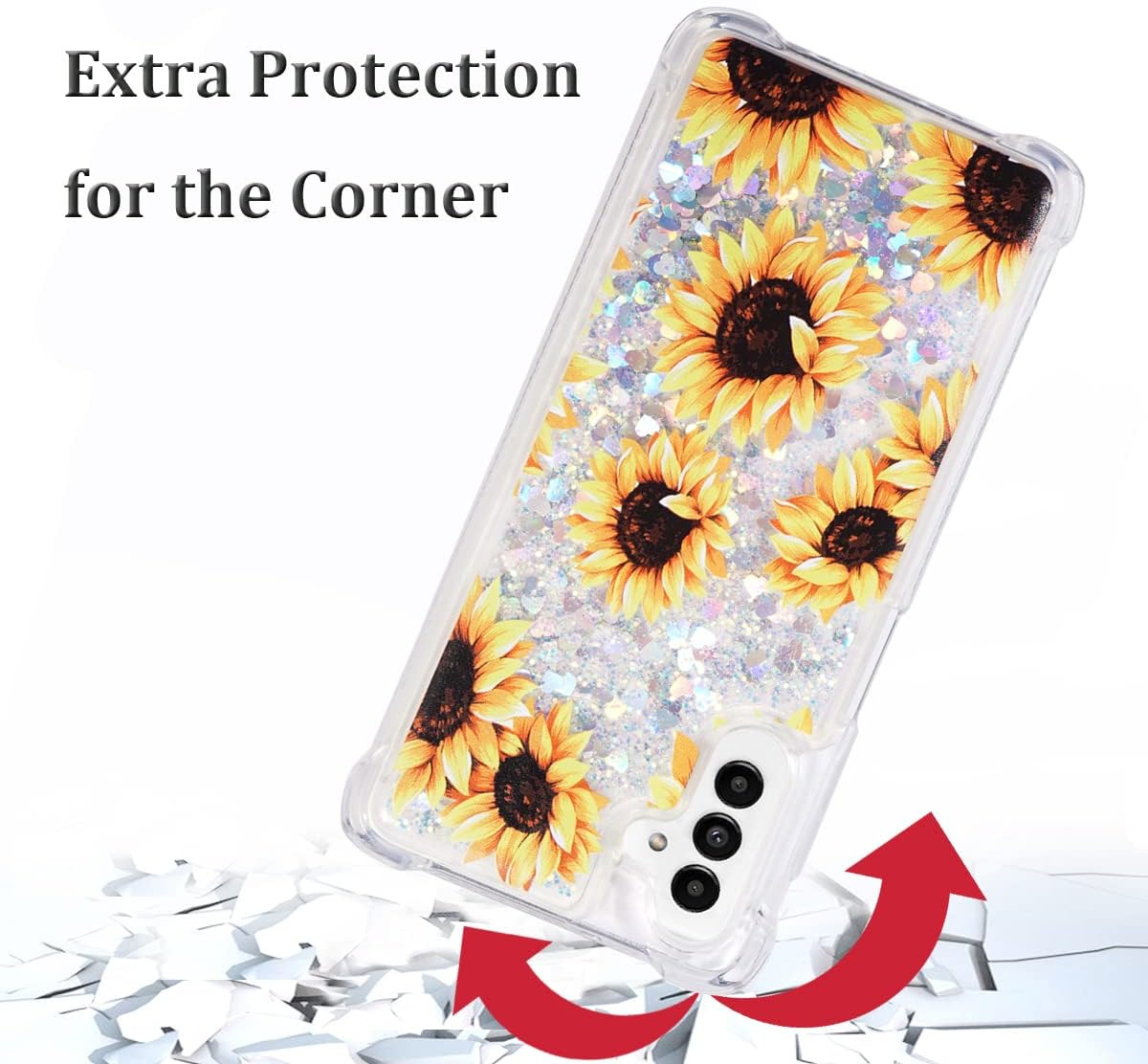 FLOCUTE Funda para Galaxy A13, Galaxy A13 con purpurina floral, transparente, brillante, líquido, suave, cojín de TPU suave, a la moda, para mujer,