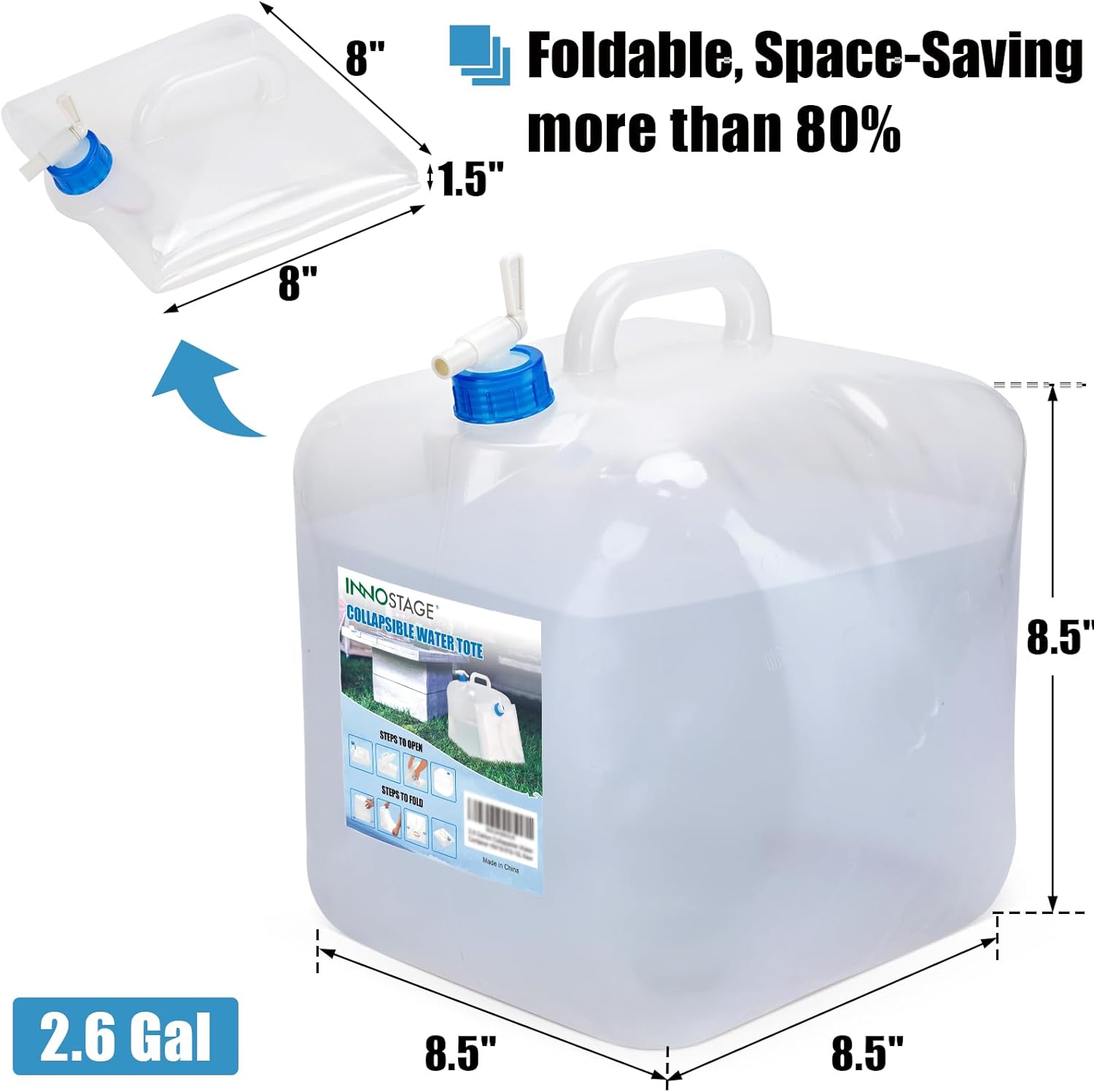 INNO STAGE Contenedor de agua plegable de 2.6 galones con espita, cantina de agua plegable, jarra portátil de almacenamiento de agua para acampar al