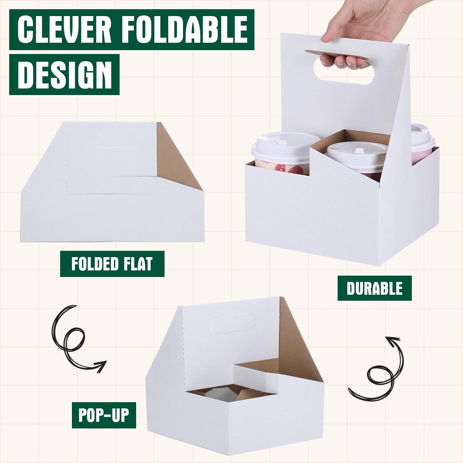 Kisston Paquete de 150 portadores de bebidas con asa, 4 tazas de cartón de estraza para tazas, portavasos, desechable, para bebidas calientes o