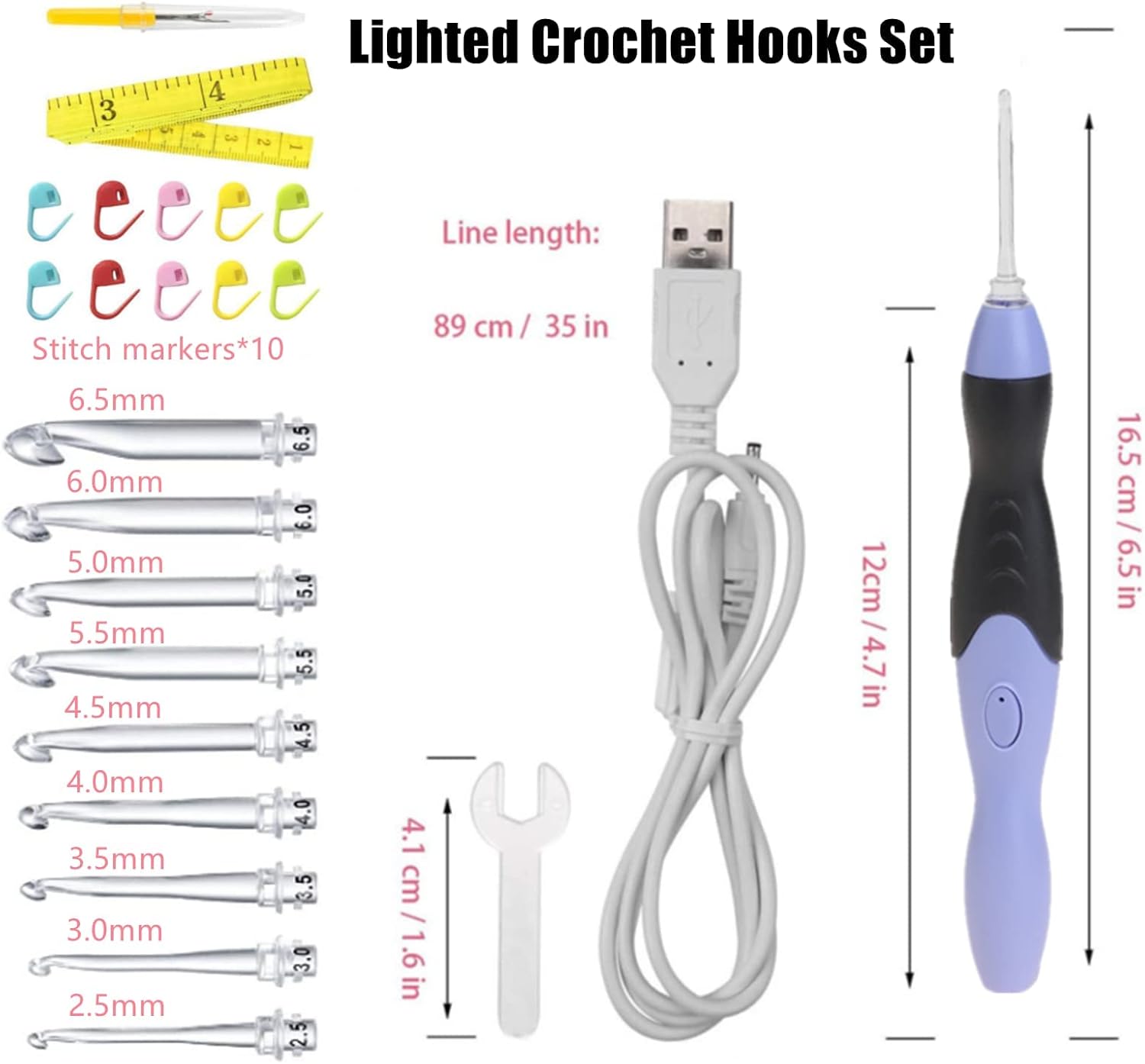 Juego de ganchos de ganchillo de conteo digital, ganchos de ganchillo ergonómicos con luz LED y contador de puntadas digital, kit de tejido para