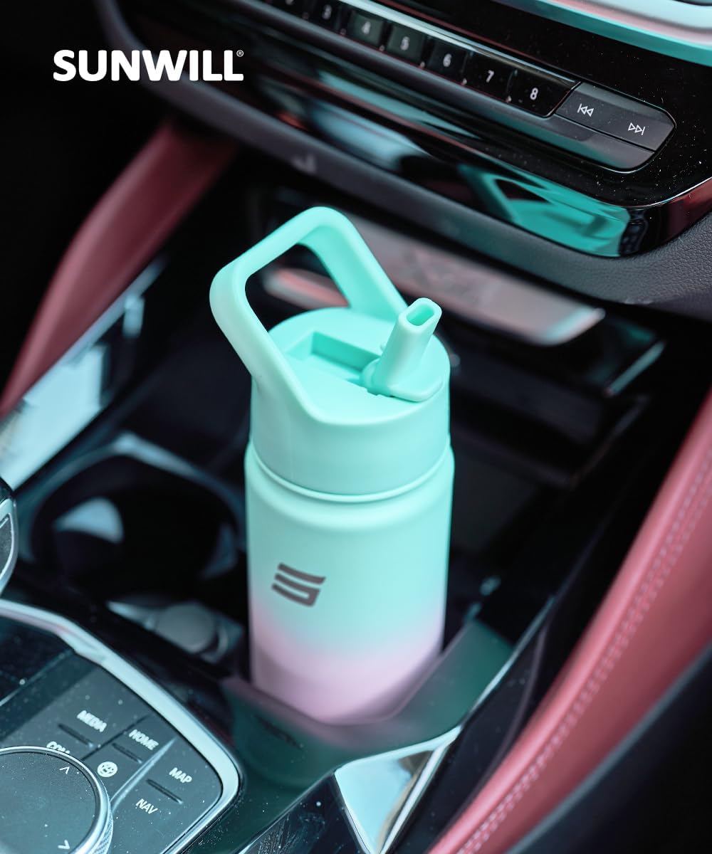 SUNWILL Botella de agua aislada con popote, botella de agua para deportes y viajes, 22 onzas, acero inoxidable de doble pared, apta para portavasos,
