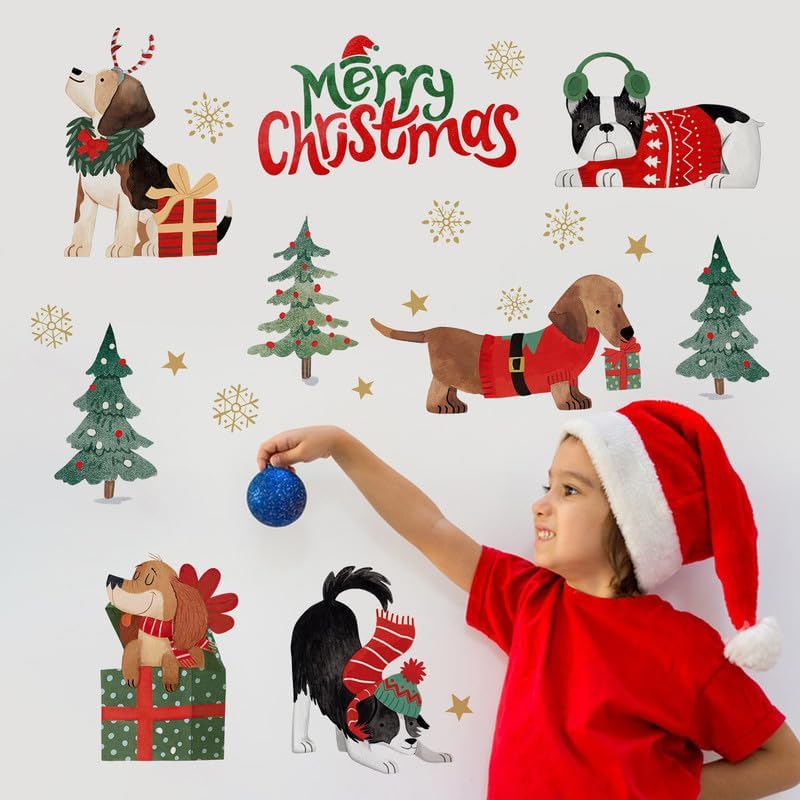 Yovkky Calcomanías de pared de perro de Feliz Navidad, árbol de Navidad, Golden Retriever cachorro 2024, regalo de Año Nuevo, decoración del hogar,