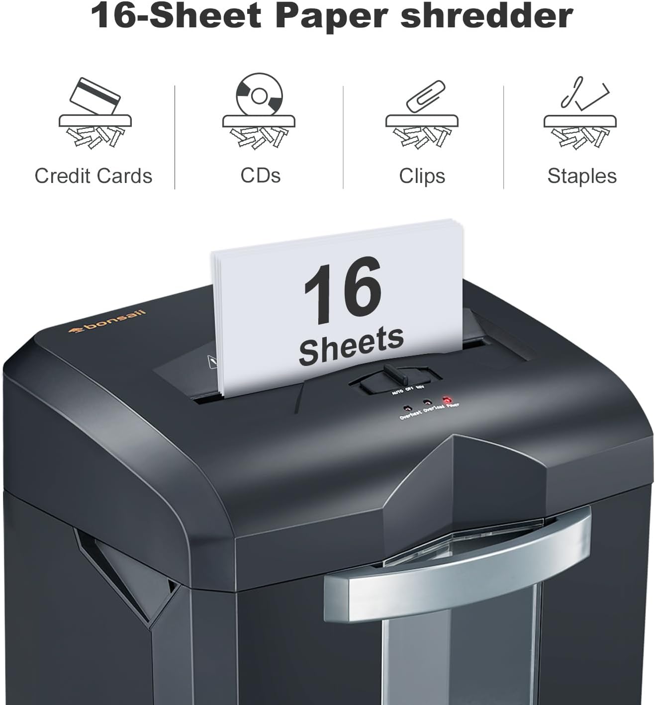 Bonsaii Trituradora de papel resistente, trituradora de microcorte de 16 hojas para oficina, trituradora de 60 minutos de funcionamiento continuo de