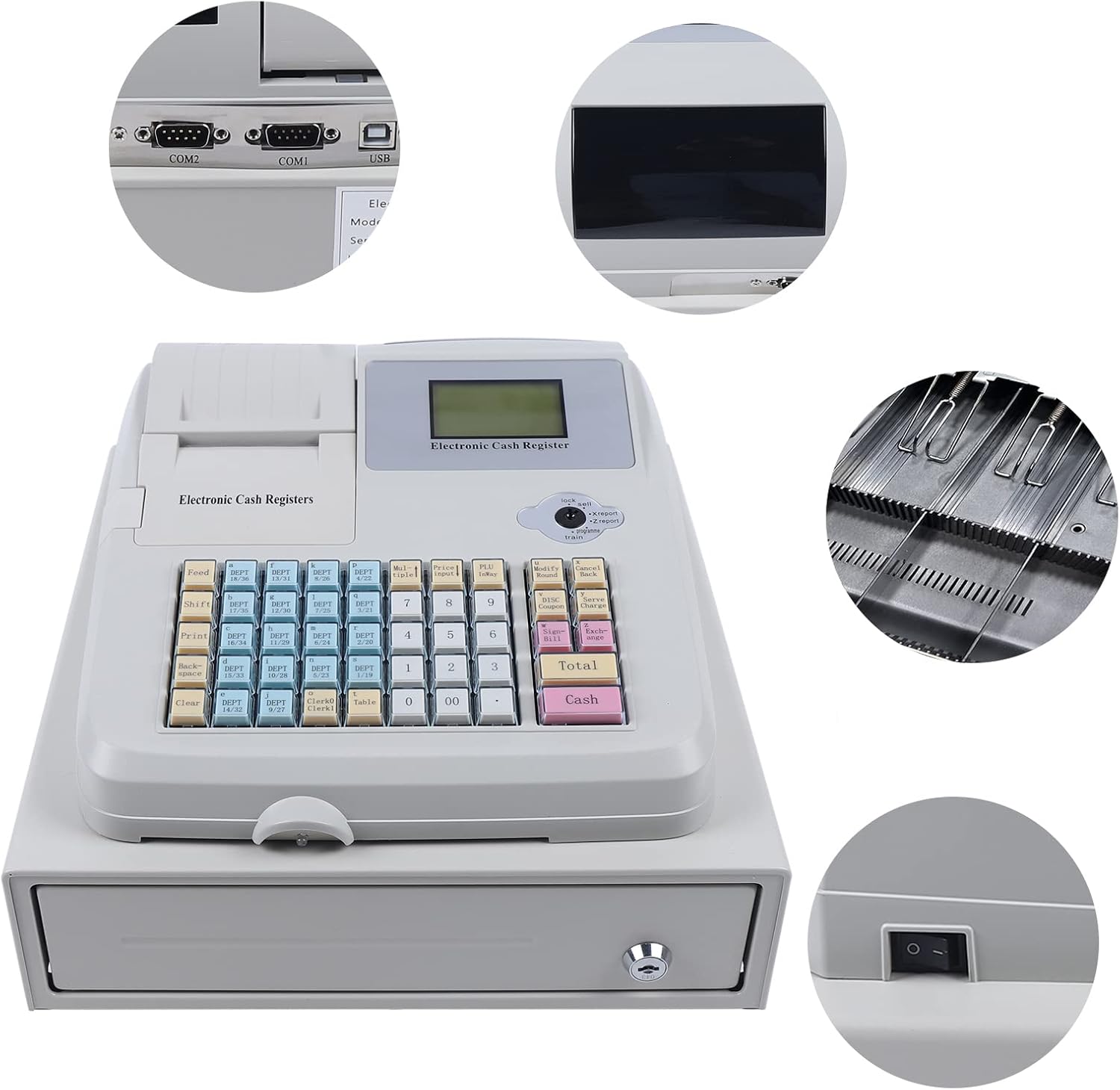 Caja registradora electrónica con 48 llaves Sistema POS caja registradora W8 ranuras para monedas y 3 ranuras para billetes, 8 pantalla LED digital