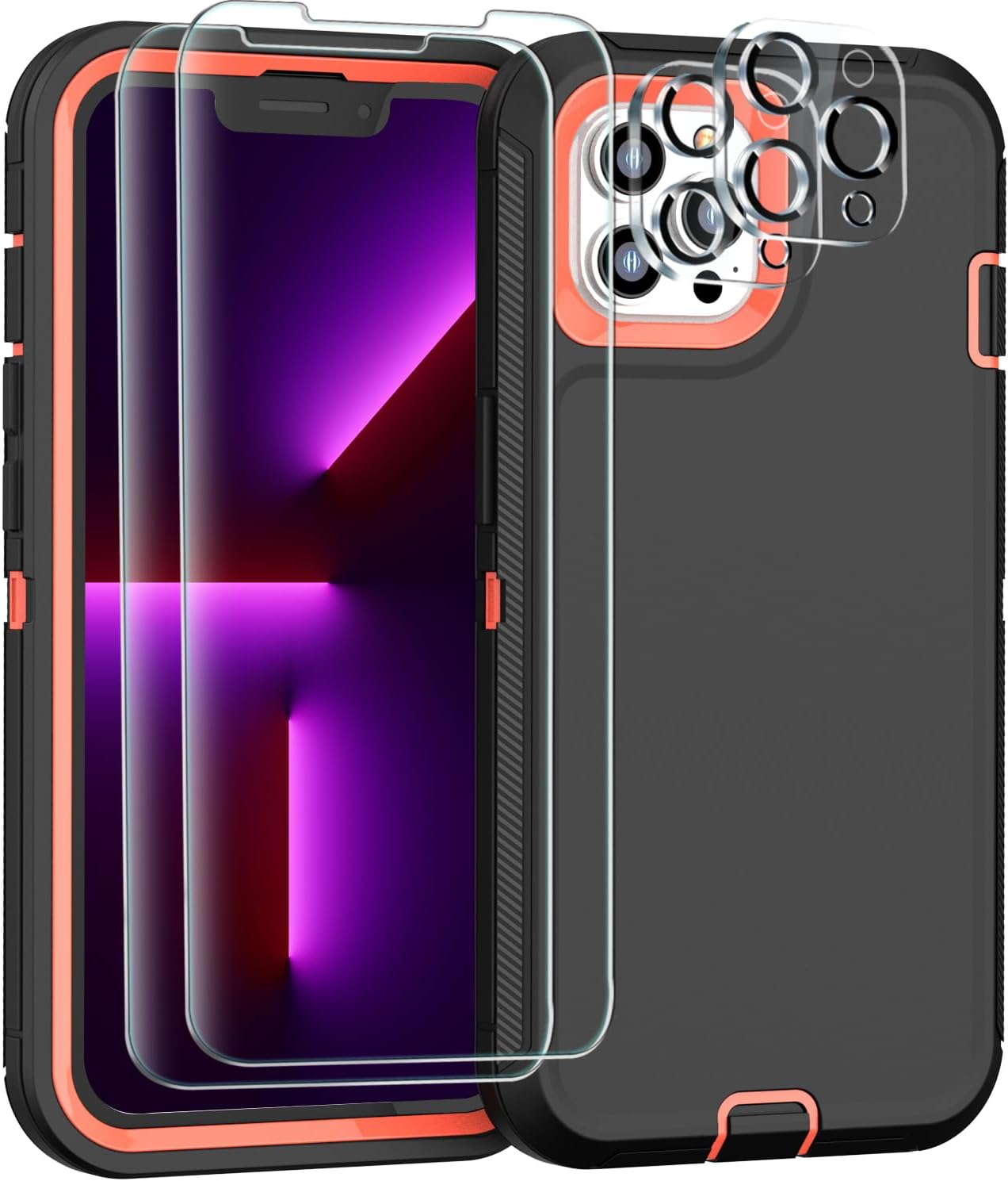 FEIYAR HOME Funda resistente para iPhone 13 Pro Max con 2 protectores de vidrio templado y protector de lente de cámara, grado militar, a prueba de