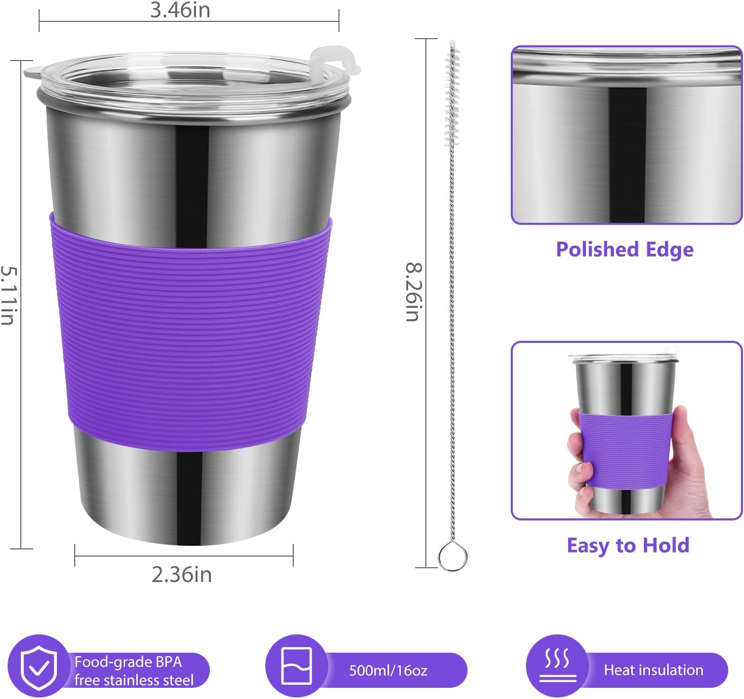 Yummy Sam Paquete de 6 vasos de 16 onzas para niños con tapas a prueba de derrames, de acero inoxidable, irrompibles, aislados, con mangas
