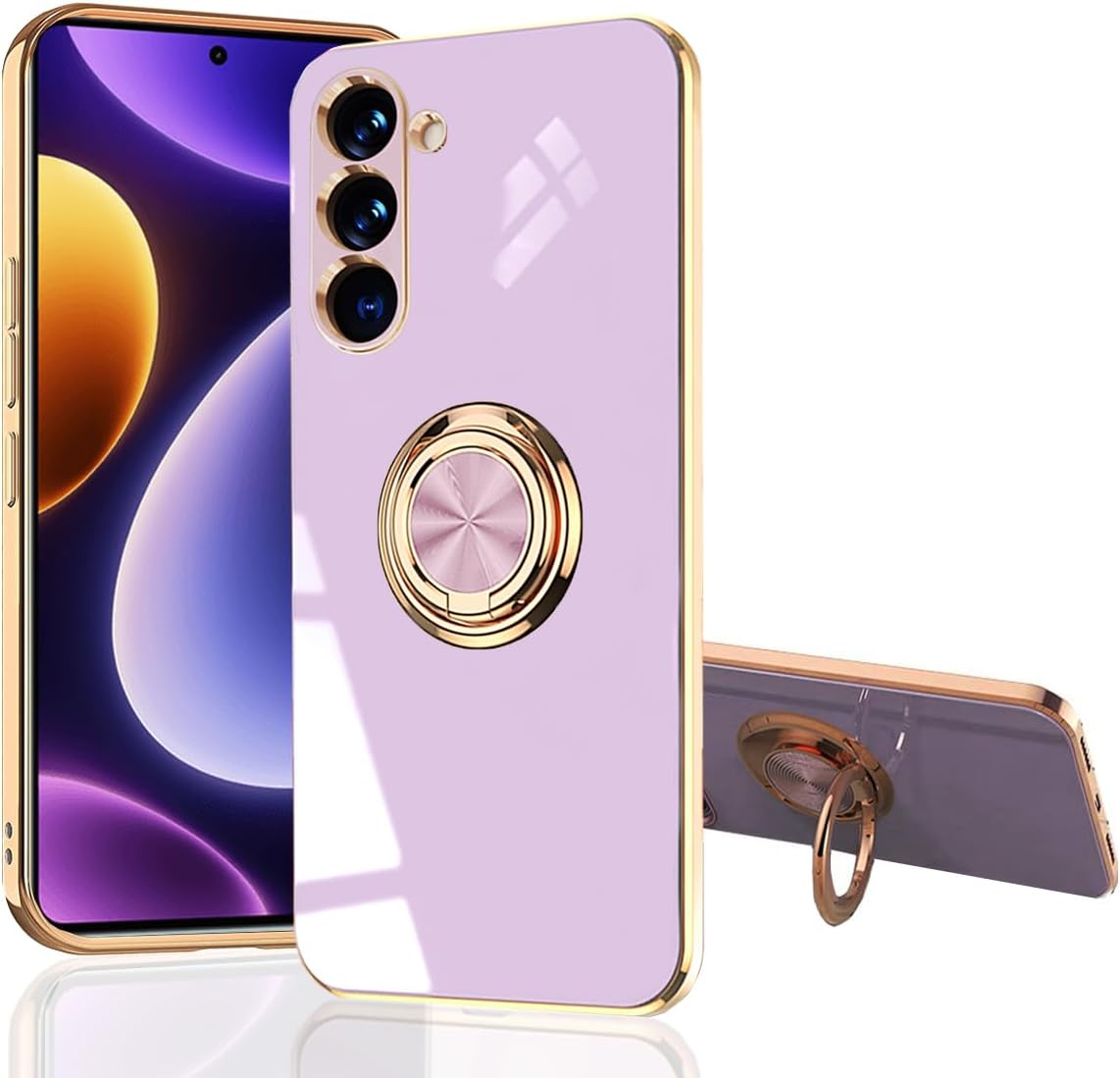 Funda para Galaxy S23 FE – Slim Fit Soporte de anillo giratorio Lujoso color dorado de metal Funda de silicona suave TPU protección a prueba de