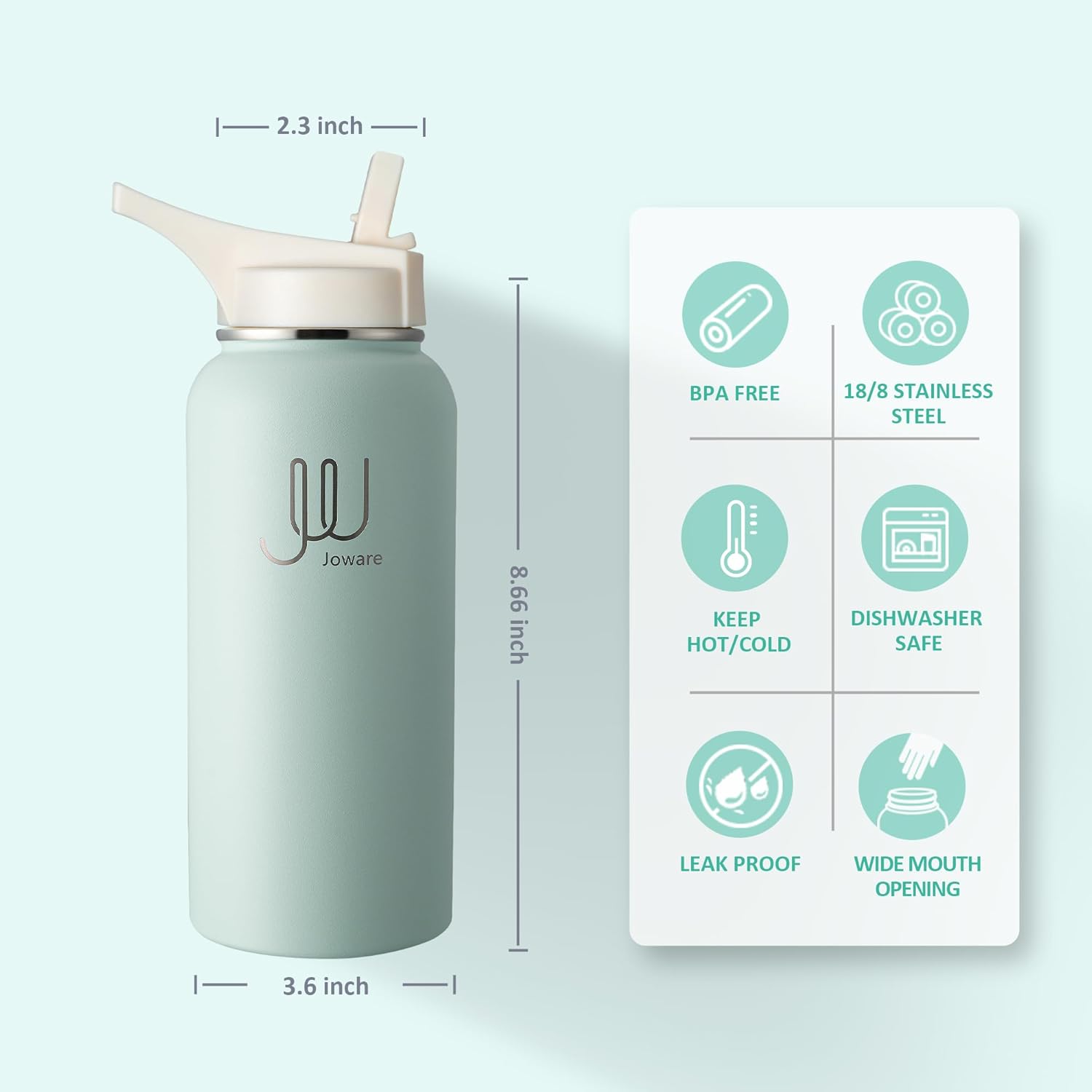 Botella de agua de acero inoxidable de 32 onzas, botella de agua aislada al vacío con popote, botella de agua deportiva a prueba de fugas con 3