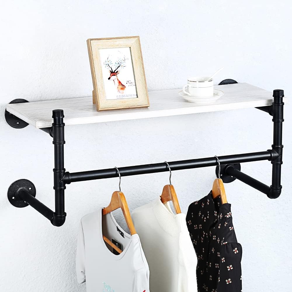 Estante industrial de la ropa del tubo montado en la pared con el estante de madera,Estante de la ropa al por menor estante de exhibición de los