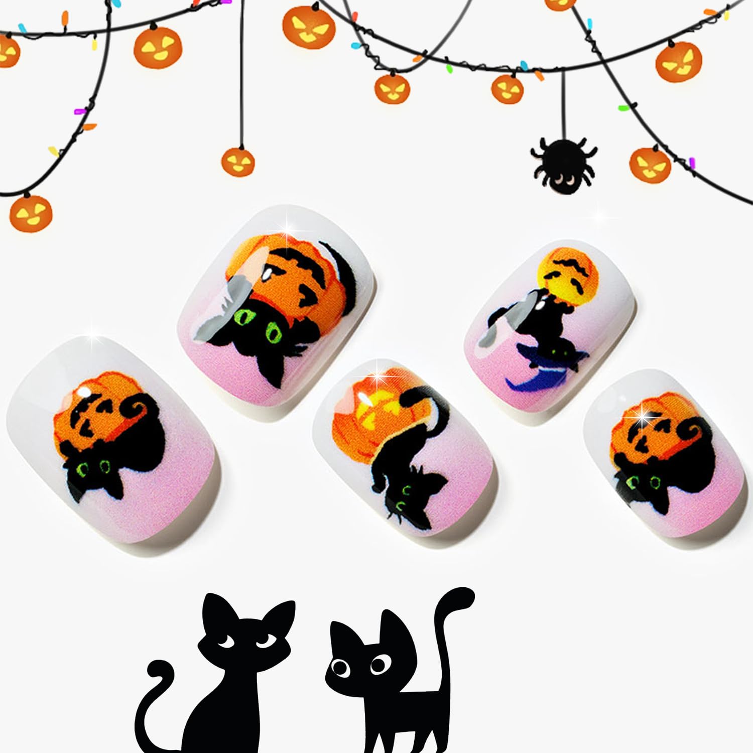GLAMERMAID Uñas postizas cuadradas cortas para Halloween, color rosa y blanco, uñas postizas de gel con diseño de gato de bruja, uñas con pegamento