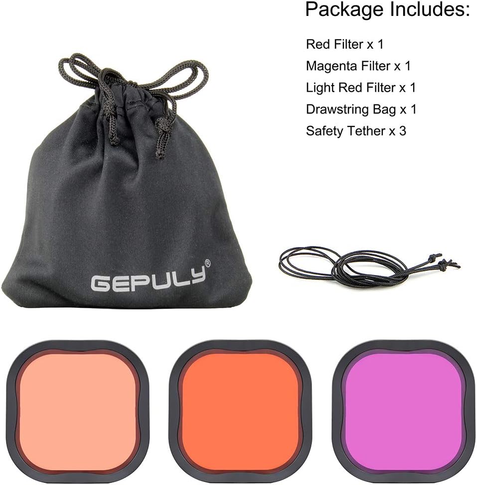 GEPULY Paquete de 3 filtros de buceo para GoPro Hero 8 9 10 11 12 carcasa oficial impermeable (rojo, rojo claro, filtros magenta)  Corrección de