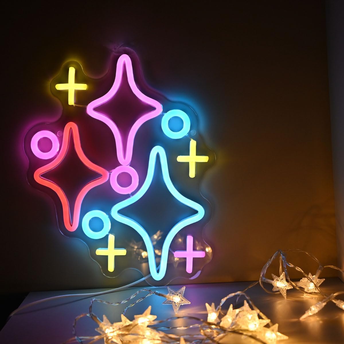 Letreros de neón de estrellas, luz LED de 12 pulgadas, decoración de pared para habitación de niños, calcomanías brillantes alimentadas por USB para