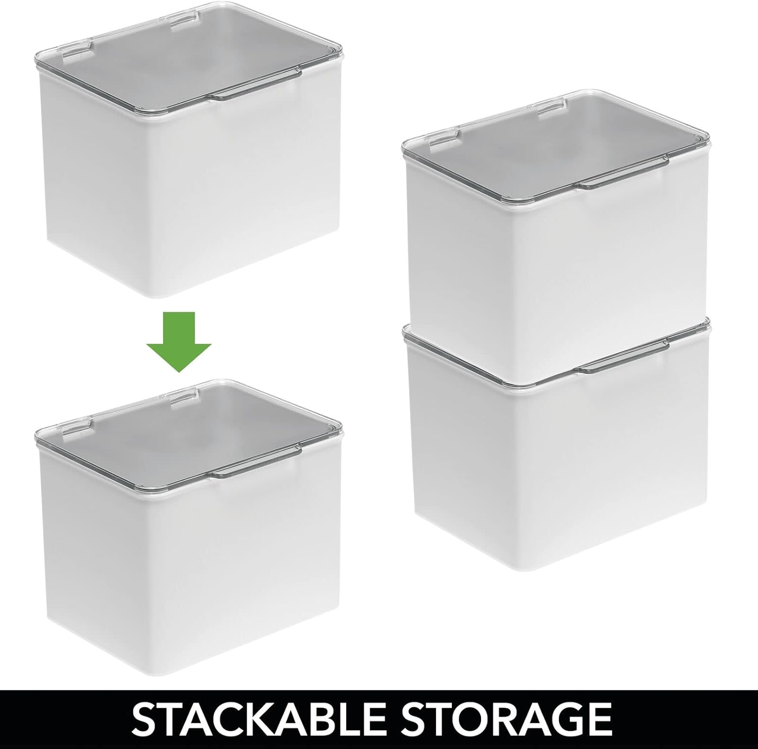 mDesign Caja organizadora de plástico apilable para el hogar, suministros de oficina con tapa con bisagras, para blocs de notas, bolígrafos de gel,