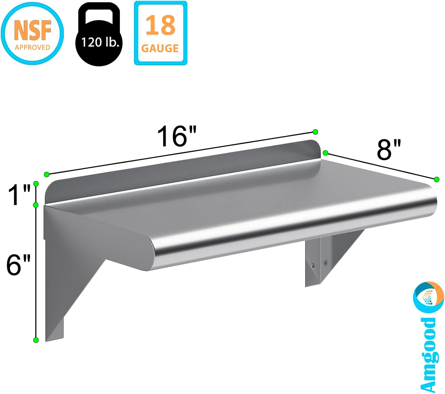 AmGood Estante de pared de acero inoxidable de 16 pulgadas de largo x 8 pulgadas de profundidad  Certificado NSF  Estantería de metal para
