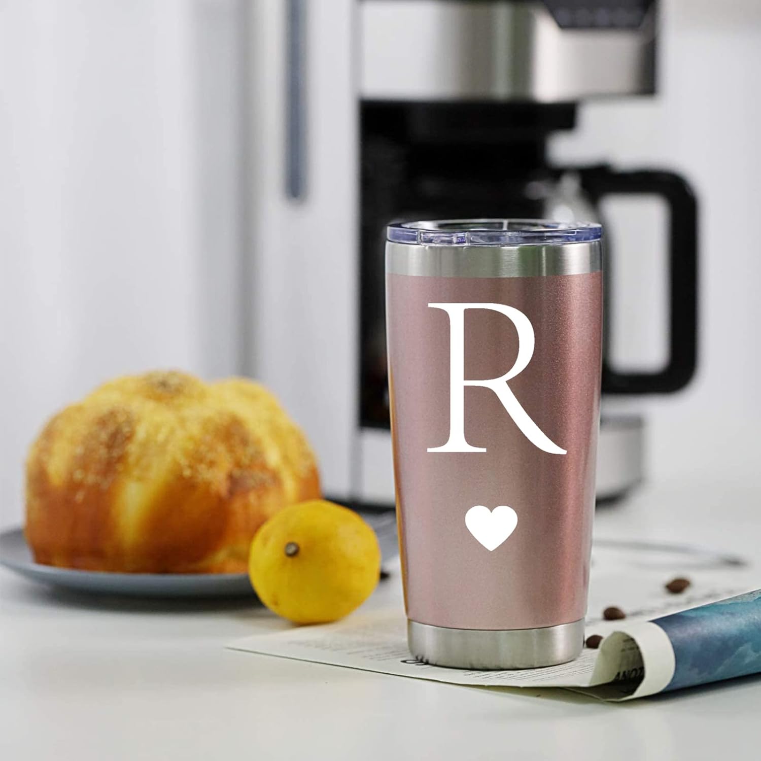 Calltoge Regalos iniciales personalizados, vaso de viaje de acero inoxidable de 20 onzas, taza insultada de oro rosa, regalo de boda, dama de honor,