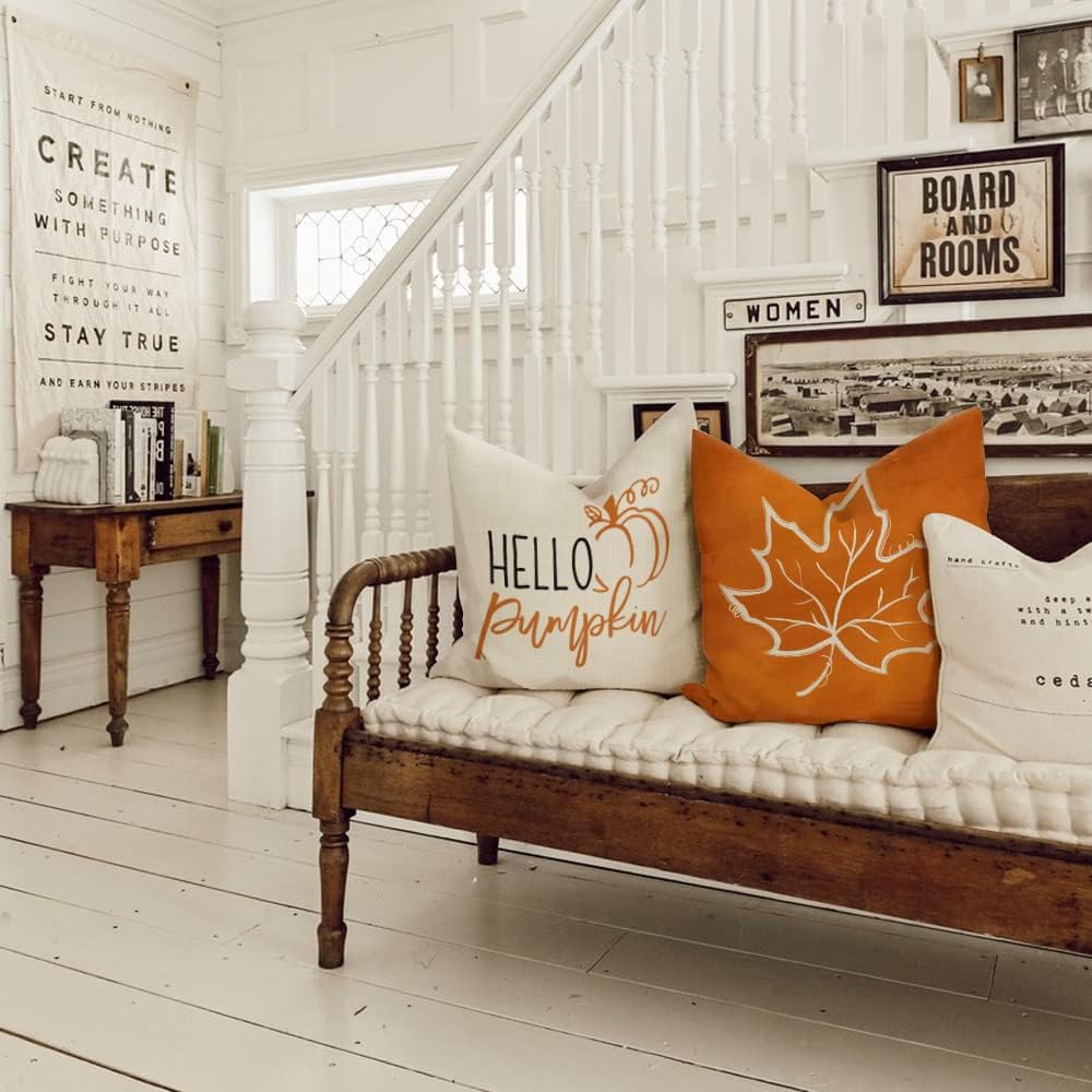 Juego de 4 fundas de almohada de otoño de 18 x 18 pulgadas para decoración de otoño, calabaza, hojas de arce, feliz cosecha, almohadas decorativas