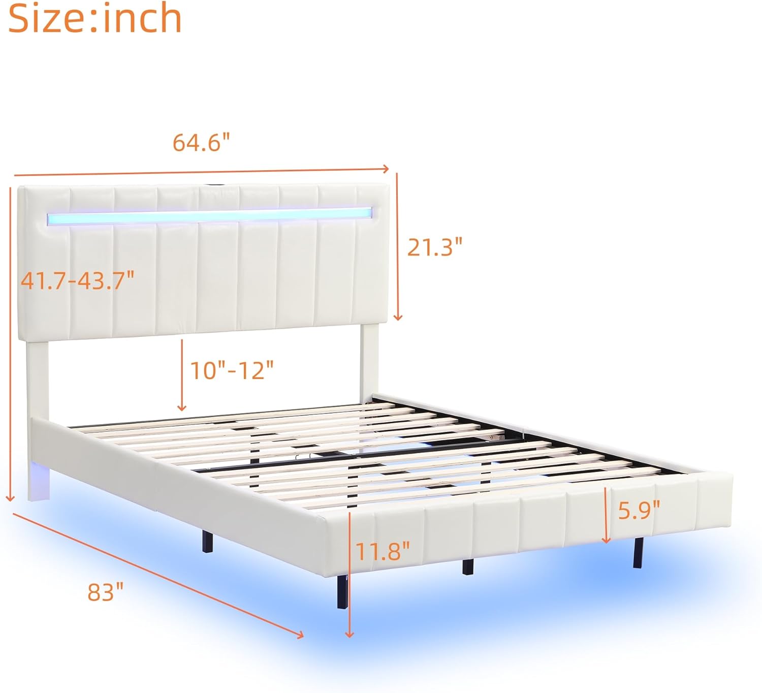 Linique Marco de cama flotante tamaño Queen con luces LED y carga USB, moderno marco de cama LED tapizado de poliuretano tamaño Queen, color blanco
