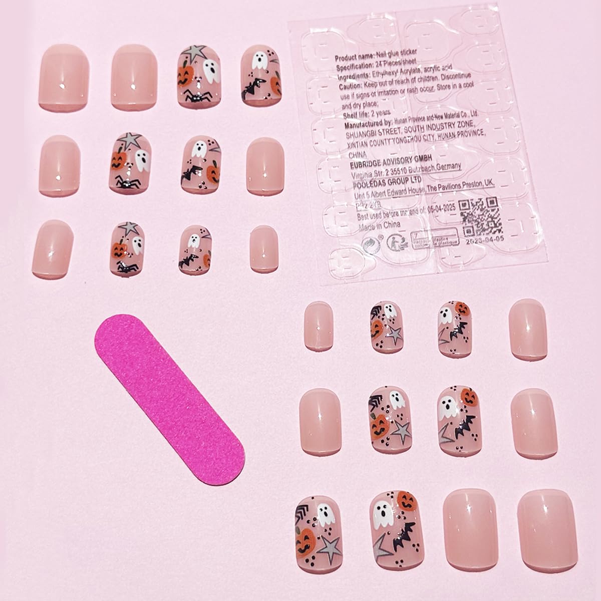 Uñas postizas a presión de Halloween, fantasma, rosa, fantasma, calabaza, estrella, araña, con diseños, cobertura completa, cuadradas, brillantes,