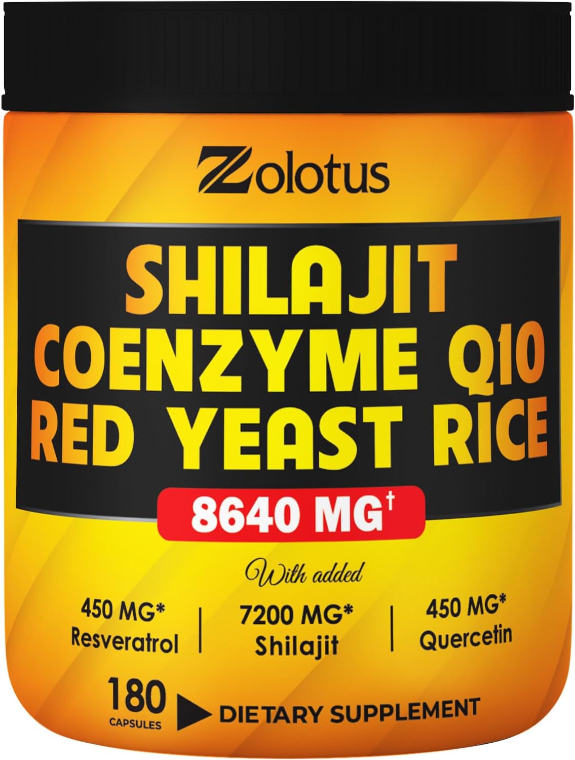 Zolotus Suplemento Shilajit 7 en 1 + arroz de levadura roja, cápsulas de coenzima Q10, equivalente a 8640 mg, con quercetina, resveratrol, vitamina