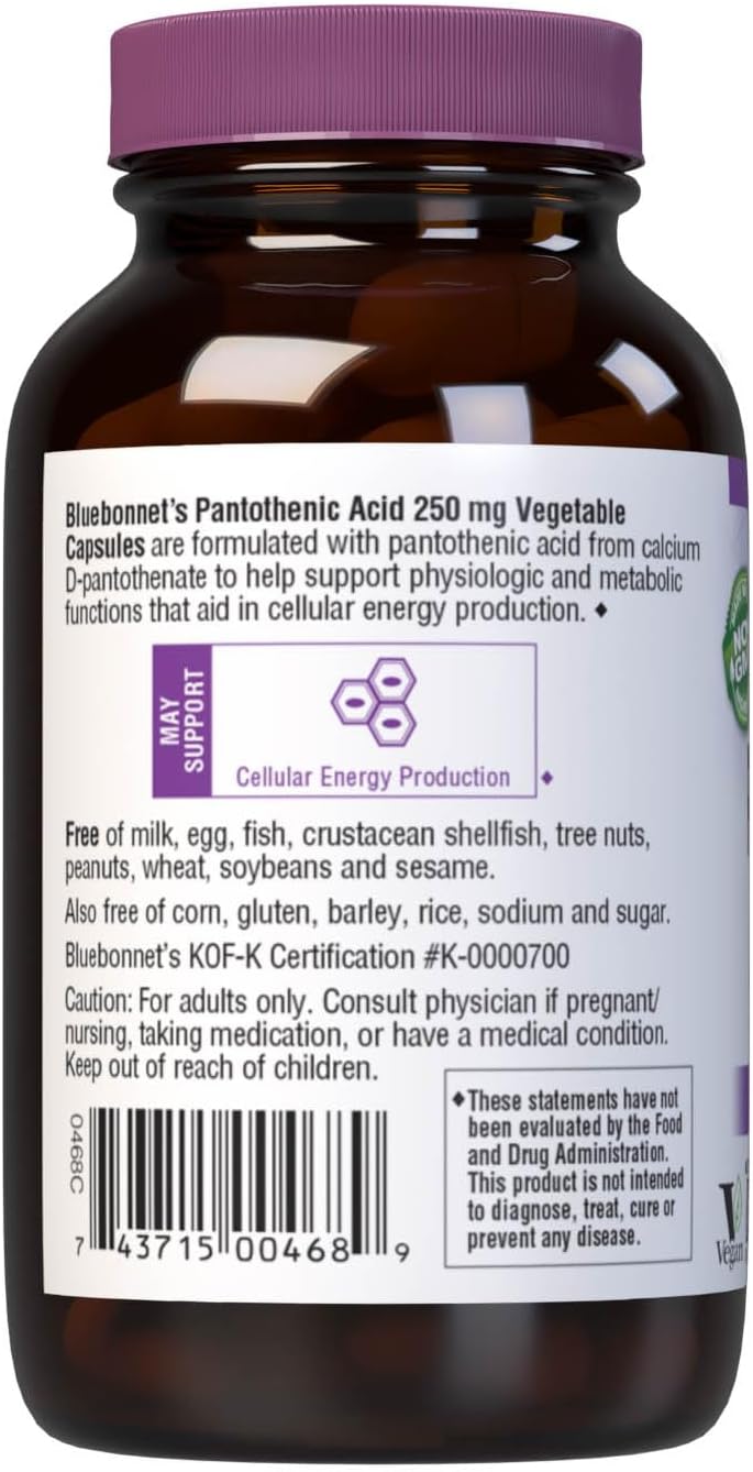 Bluebonnet Ácido pantoténico 250 mg cápsulas vegetales, 60 unidades