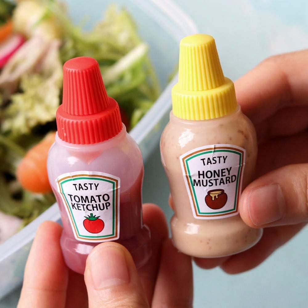 AitnWoy Mini botellas exprimibles de salsa de tomate de 0.8 onzas líquidas, caja Bento de miel, mostaza, salsa de condimentos, botella de aderezo