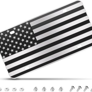 Placa de matrícula de la bandera estadounidense, matrícula de bandera frontal negra con 4 agujeros, placa de matrícula de aluminio vintage en Placa de matrícula de la bandera estadounidense, matrícula de bandera frontal negra con 4 agujeros, placa de matrícula de aluminio vintage en