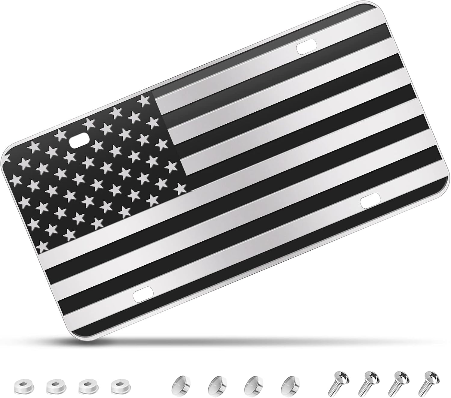 Placa de matrícula de la bandera estadounidense, matrícula de bandera frontal negra con 4 agujeros, placa de matrícula de aluminio vintage en