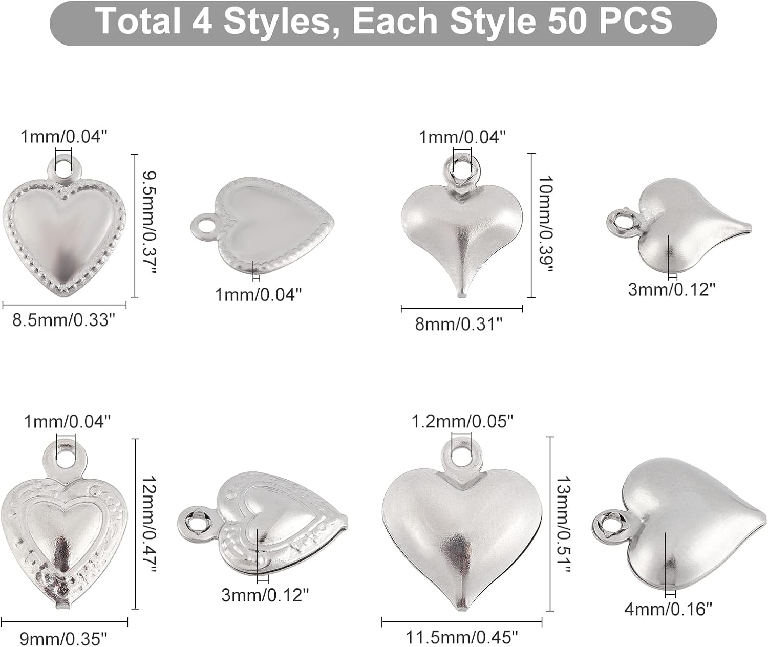 DICOSMETIC 200pcs 1.2mm Hole 316 Stainless Steel Puffy Heart Charms Tiny Love Pendants Small Cute Heart Pendants for Neckalace Bracelet Jewelry