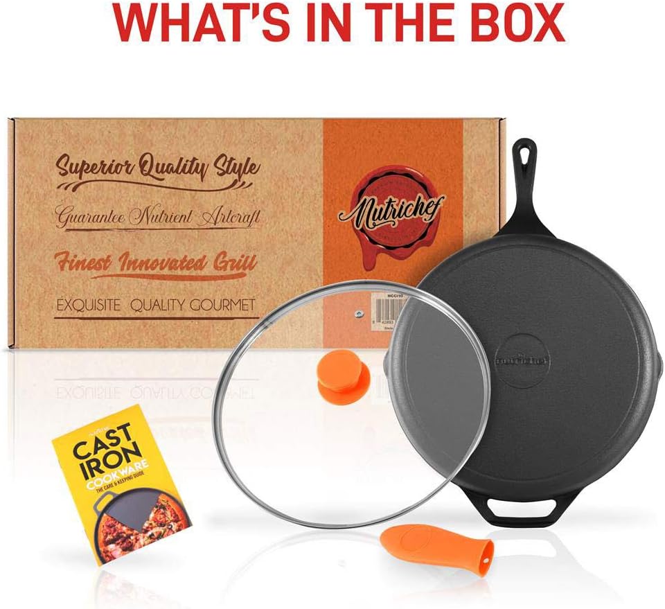 NutriChef NCCI10 – Juego de utensilios de cocina de hierro fundido antiadherente de 10 pulgadas con tapa de vidrio templado y mango de silicona para