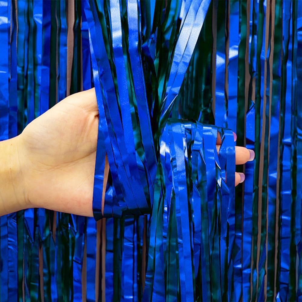Paquete de 2 cortinas de flecos de papel de aluminio azul de 3.3 x 6.6 pies, cortinas de fondo para decoraciones de fiesta azul, graduación, boda,