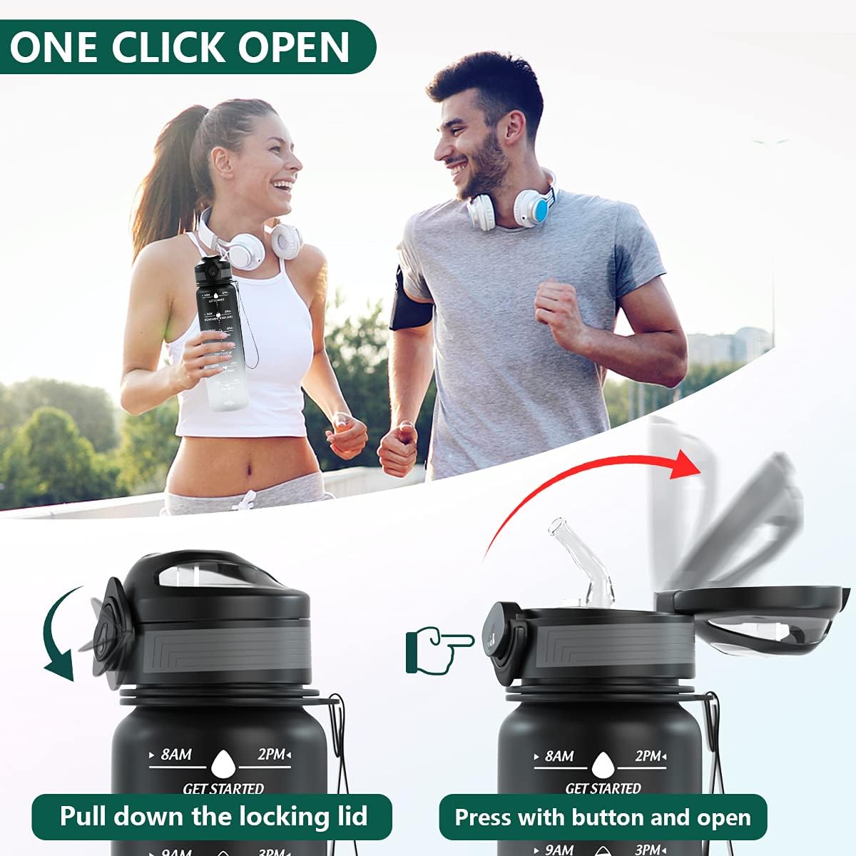 Botellas de agua de 32 onzas con marcador de tiempo y popote, botella de agua motivacional con tiempo para beber, a prueba de fugas, Tritan sin BPA,