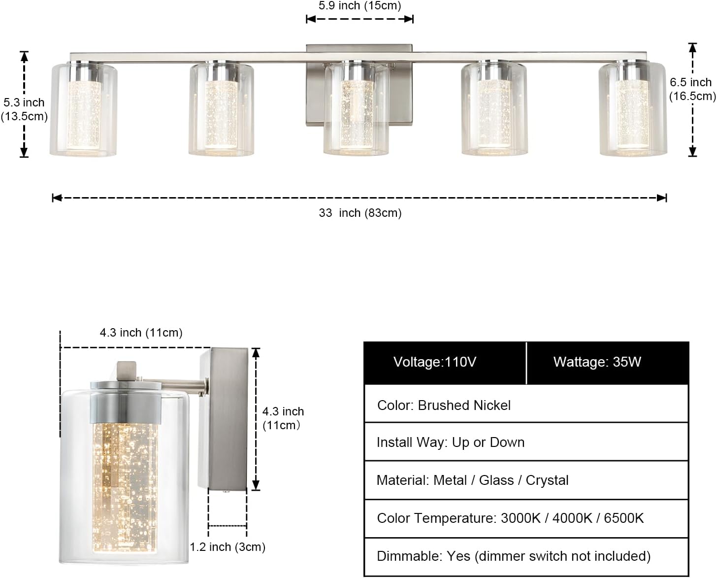 Lámpara de tocador de 5 luces de níquel cepillado con 3 modos de color (3000 K4000 K6500 K), lámpara LED de baño con protección ocular, luz de pared