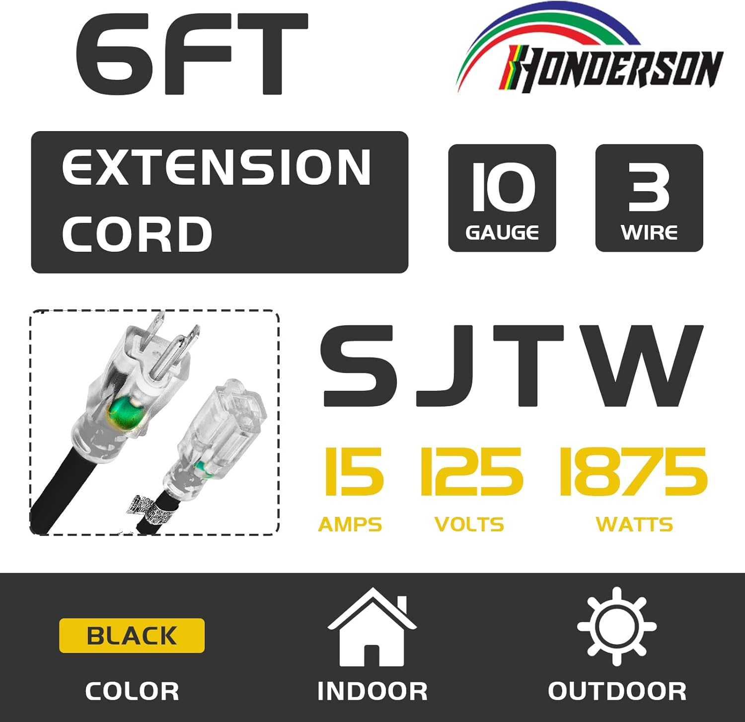 Cable de extensión iluminado para exteriores de 6 pies, cable de extensión negro resistente SJTW 103 con enchufe de conexión a tierra de 3 clavijas