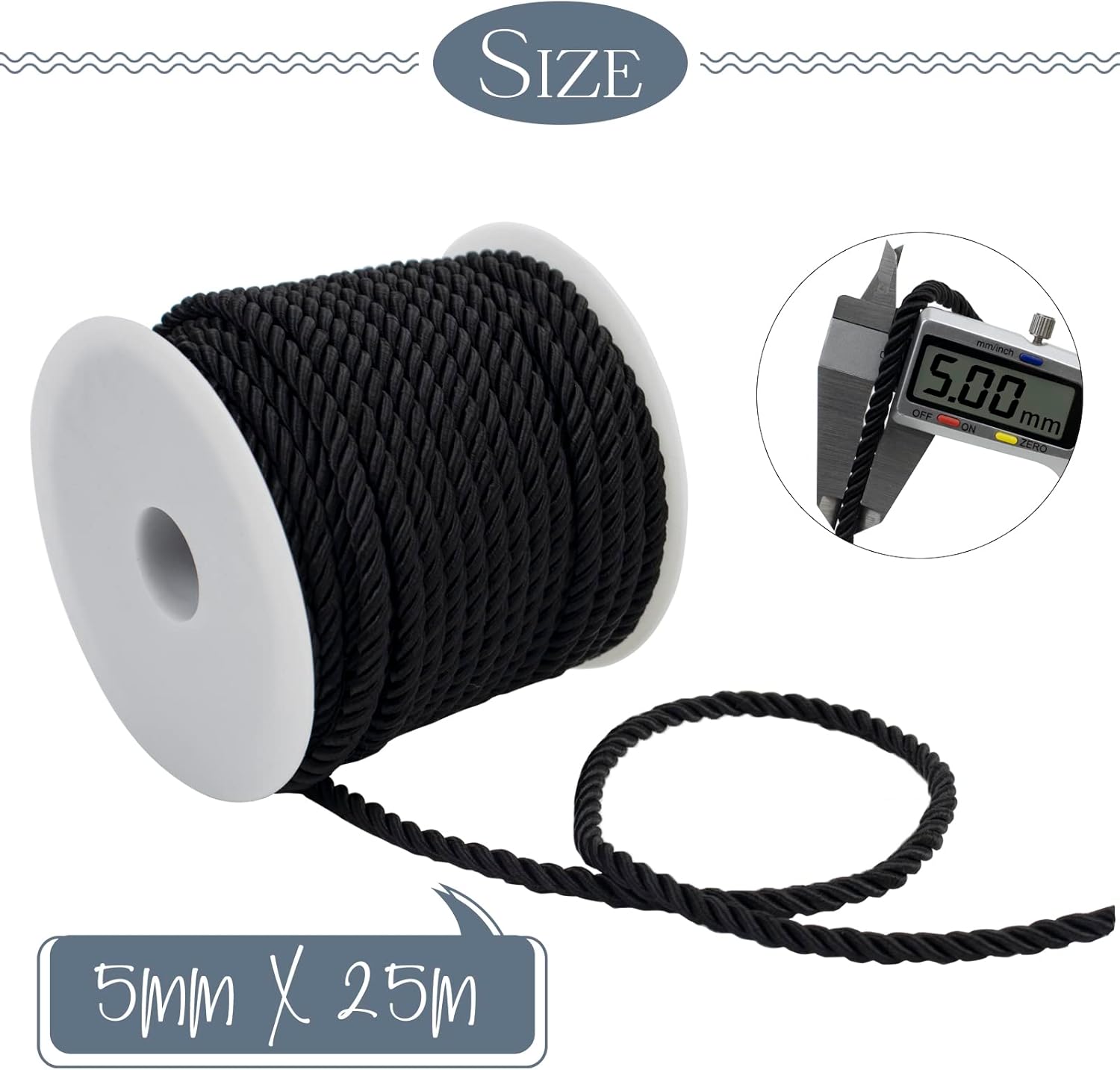 LEREATI Cuerda de seda trenzada de 27 yardas, cuerda negra suave de satén, cordón de nailon de 0.197 in, cuerda decorativa gruesa, cordón para