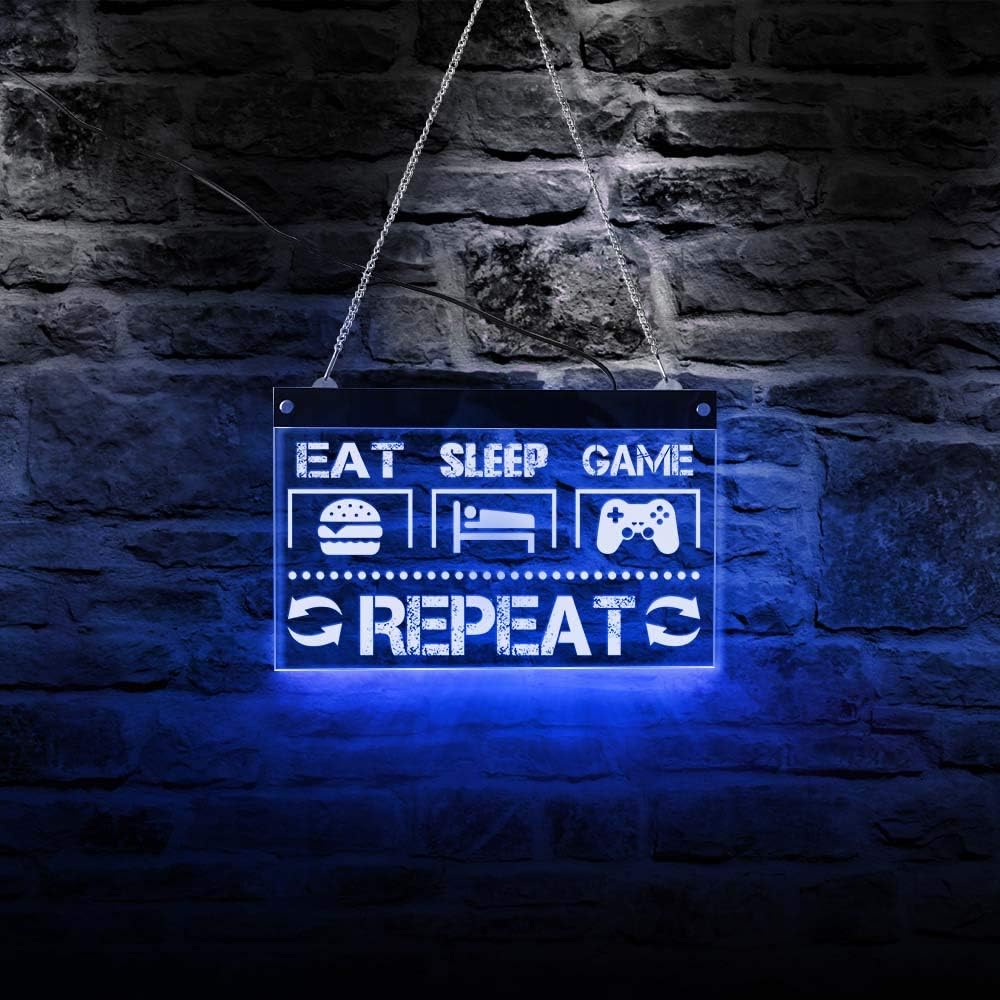 The Geeky Days Eat Sleep Game Repeat Funny Gaming Quote Letrero de neón LED con siete colores cambiantes para hombre, cueva, video gamer, decoración
