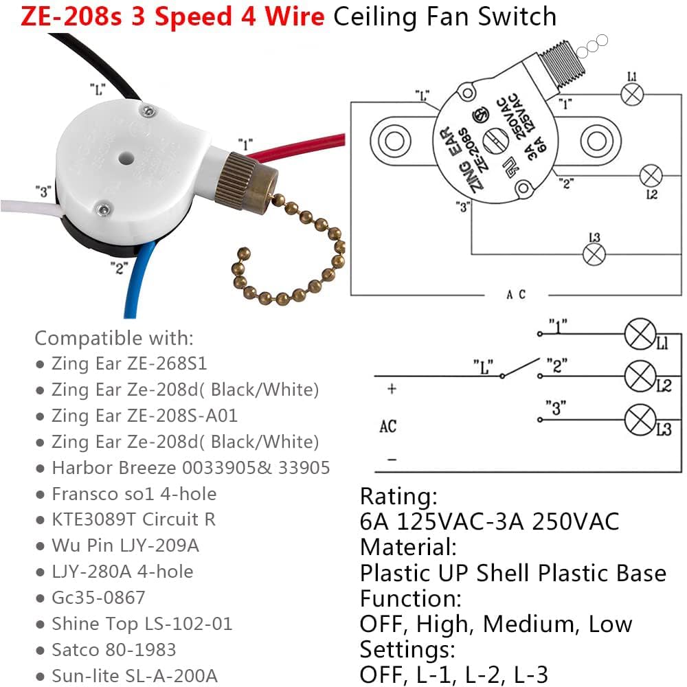 ZE-208s – Interruptor de ventilador de techo de 3 velocidades, con 4 cables preinstalados, compatible con reemplazo de interruptor de ventilador