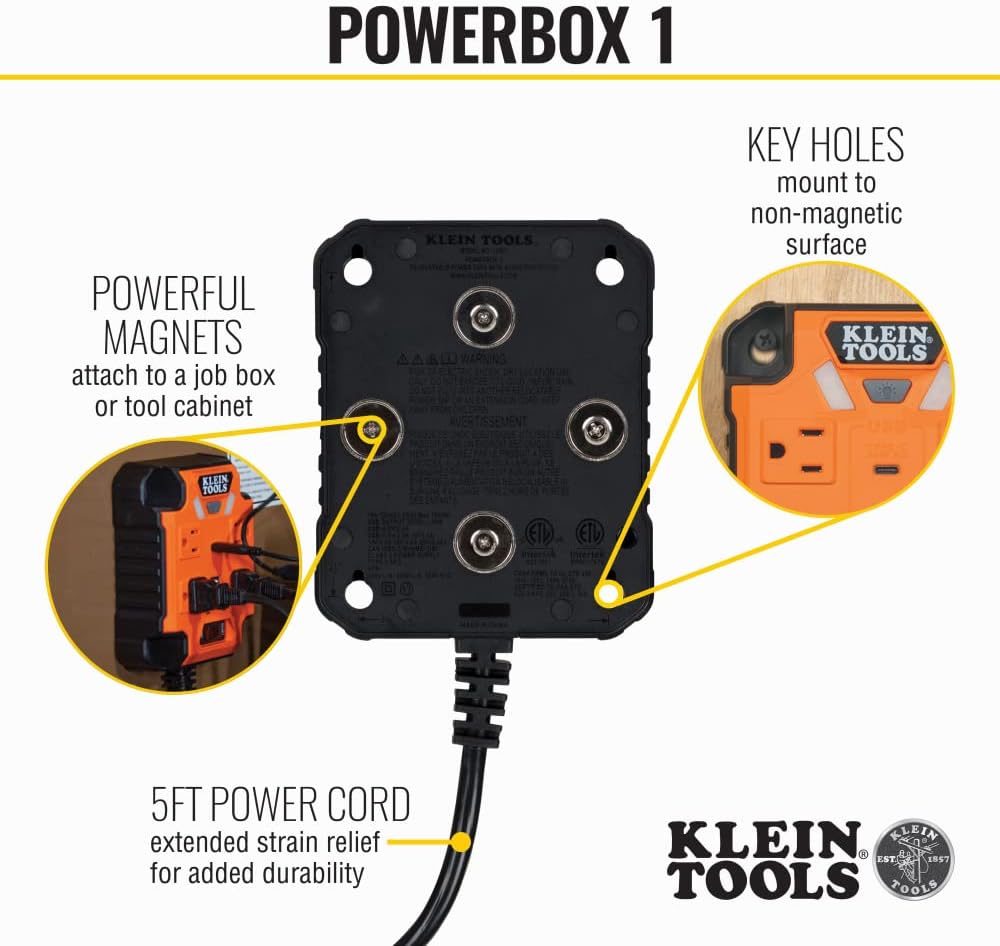 Klein Tools AEPJS3 – Altavoz Bluetooth para sitio de trabajo y regleta magnética 29601 con protector de sobretensión, cable de extensión, 4 tomas, 3