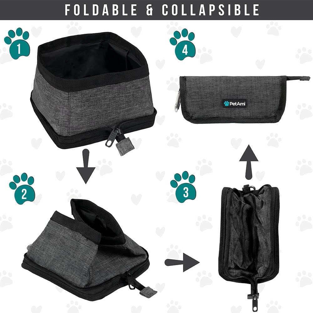 PetAmi Paquete de 2 cuencos plegables para perros, juego de tazones de comida y agua, plato portátil para mascotas sin derrames, cuencos plegables
