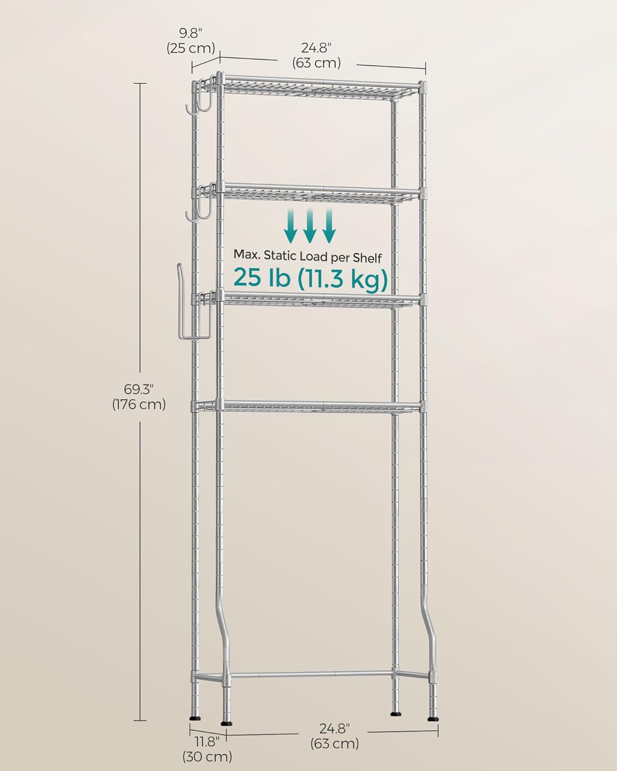 SONGMICS Almacenamiento de 4 niveles sobre el inodoro, estante de almacenamiento de metal, estantes ajustables, 4 ganchos, soporte para rollo,