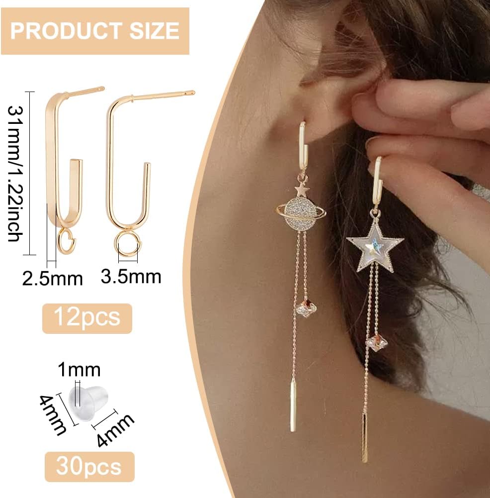 BENECREAT 12 piezas de aretes chapados en oro de 18 quilates, aretes ovalados de latón con bucles verticales y 30 tuercas de plástico para la