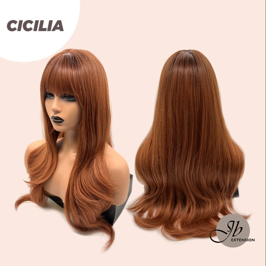 CICILIA – Peluca de cobre con flequillo en capas para usar y llevar, pelucas sin pegamento para mujer, pelucas sintéticas naturales largas y rizadas