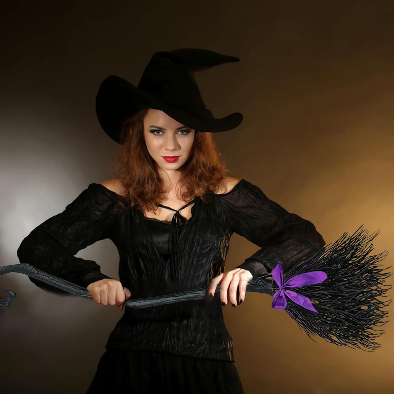 Escoba de bruja de Halloween para niños y adultos, escoba de bruja realista de paja para cosplay, escoba voladora de mago (negro, con 3 cintas de