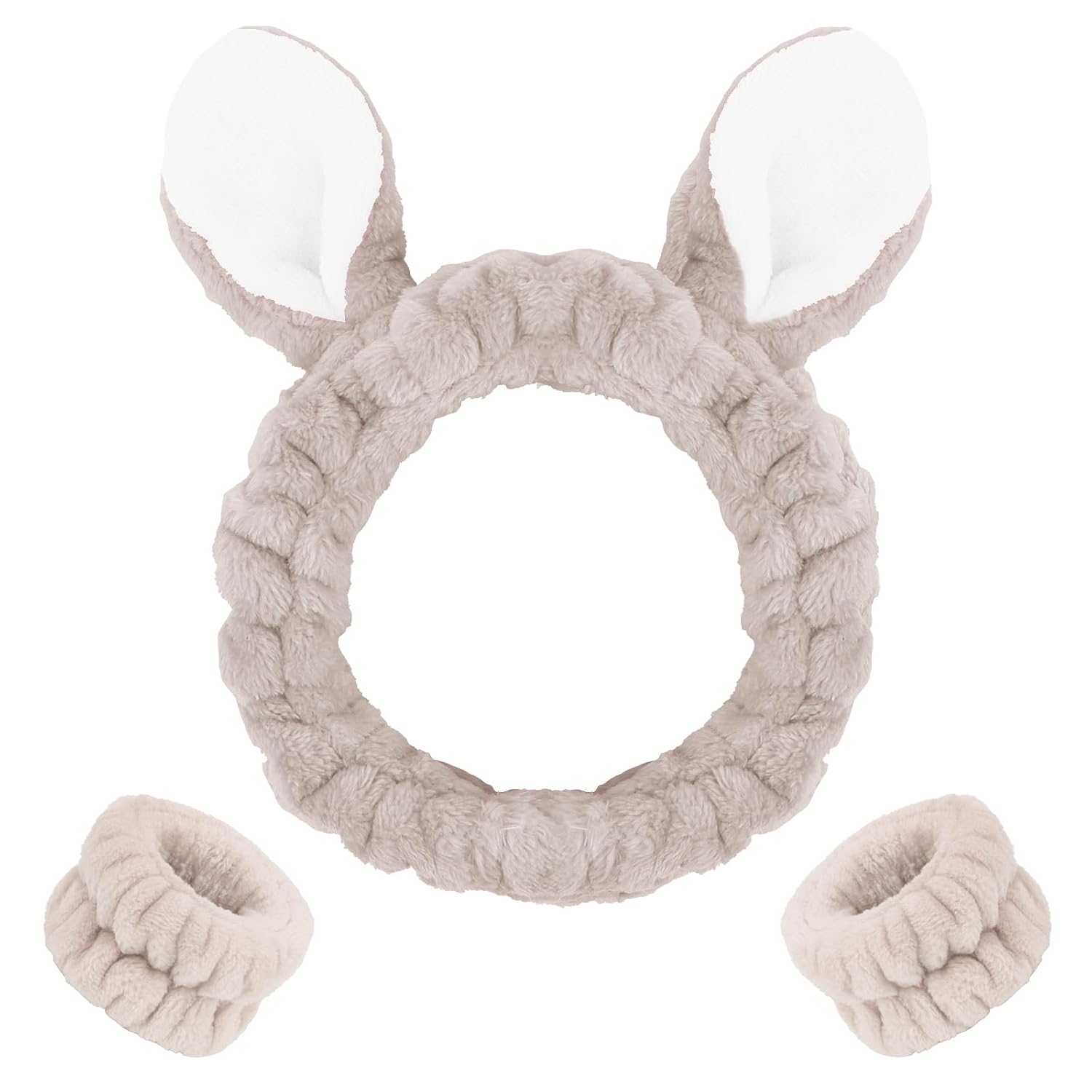 WHAVEL Juego de 3 diademas de spa y muñequeras, lindas diademas de orejas de conejo para lavar la cara, maquillaje, diadema facial, muñequeras para