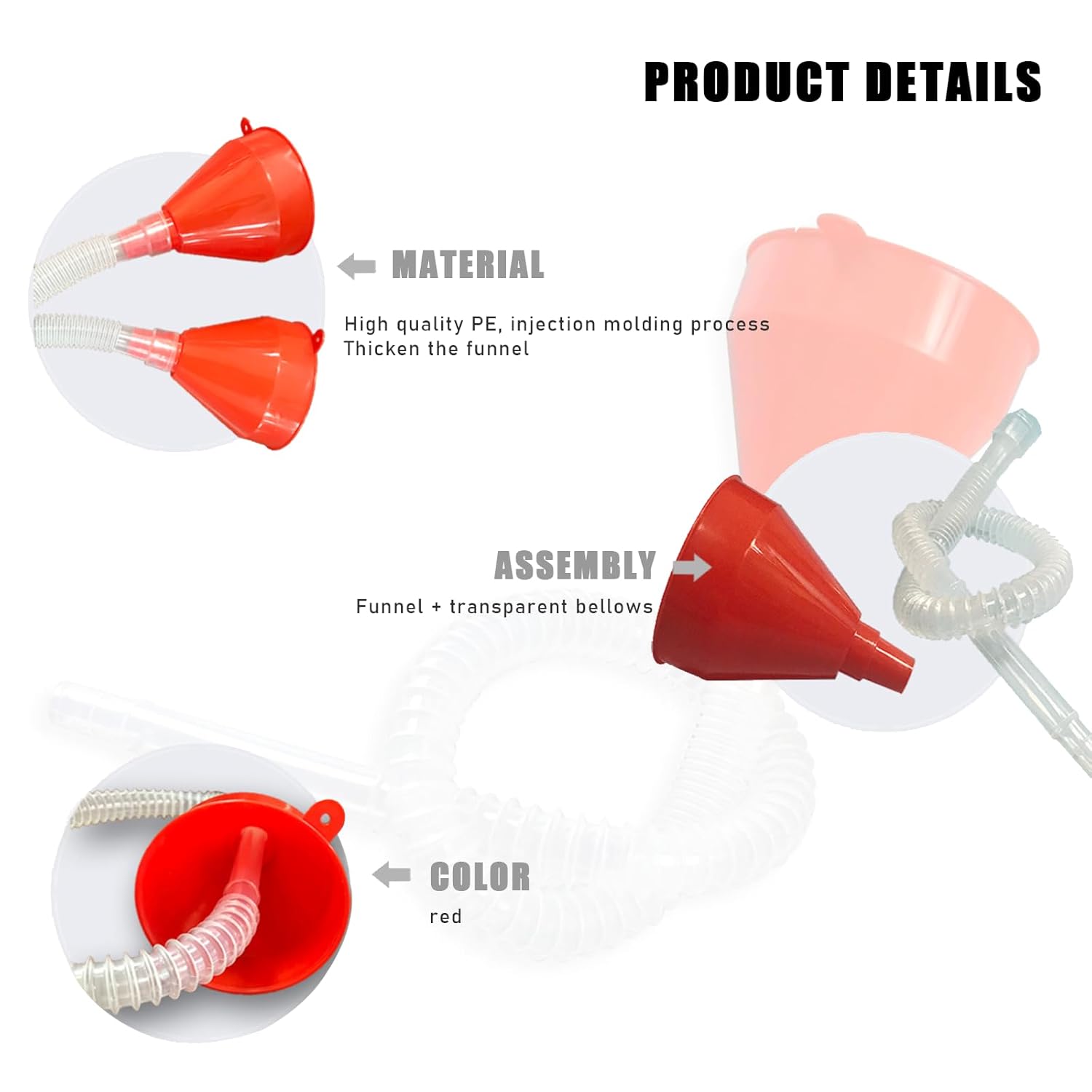 JUAWTYUK Embudo largo de plástico de boca ancha, embudo universal de boca ancha de 3 pulgadas con manguera flexible de 21 pulgadas, ideal para