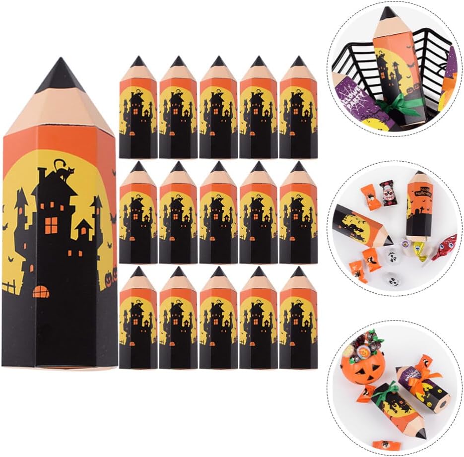 Suministros de fiesta, 50 unidades de Halloween con forma de lápiz, caja de regalo de dulces, cajas de golosinas para dulces, contenedor para