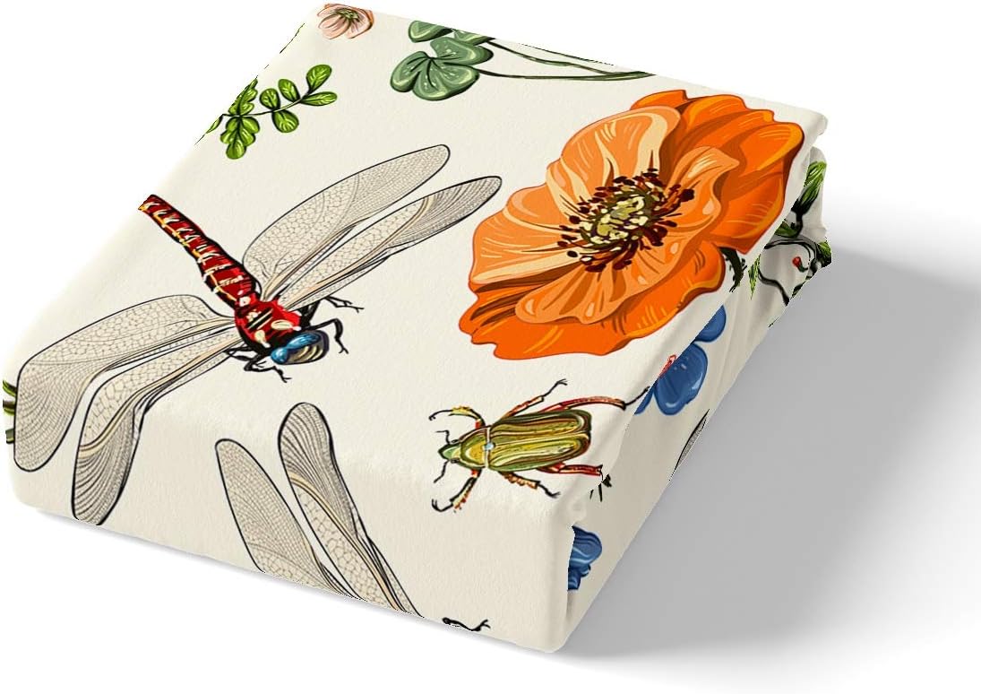Juego de funda de edredón con temática de naturaleza para niños, niñas, adolescentes, mariposa, libélula y hojas, estampado floral, funda de edredón