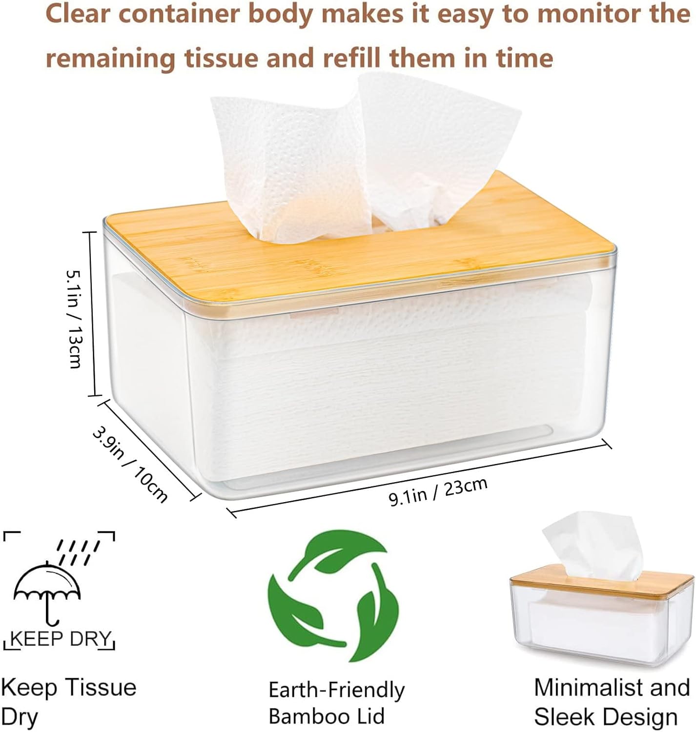 Soporte para pañuelos, caja dispensadora de hojas para secadora con tapa de madera de bambú, recipiente transparente, diseño minimalista moderno,
