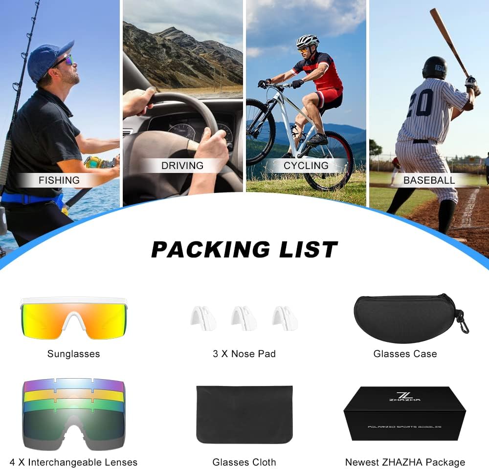 ZHA ZHA Lentes de sol deportivos de gran tamaño, 100% protección UV, para equitación, béisbol, ciclismo, con 4 lentes para hombres y mujeres